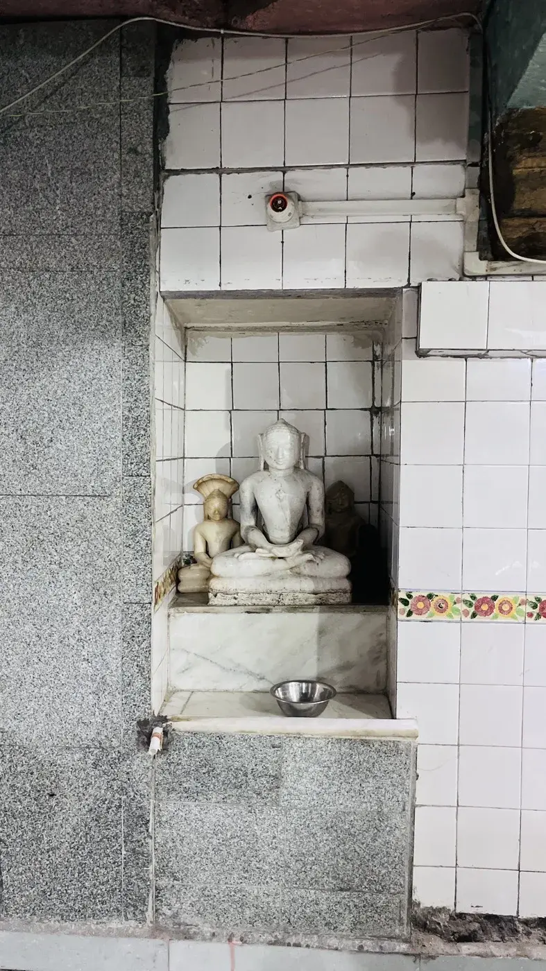 A weathered black stone Tirthankara image in Kayotsarga, the standing meditation posture, carved in relief on a tall stele.